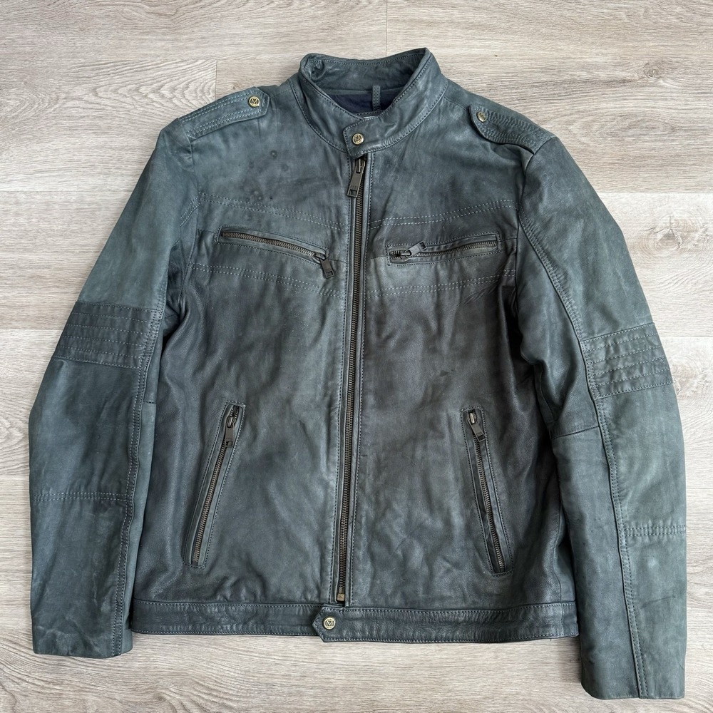 Marc New York Andrew Marc Leather Jacket Mens Large Gray Teal Slate Blue Moto
